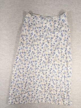 Vintage 90s Pencil A Line Maxi Skirt Blue Floral On Cream Cottagecore Size Med